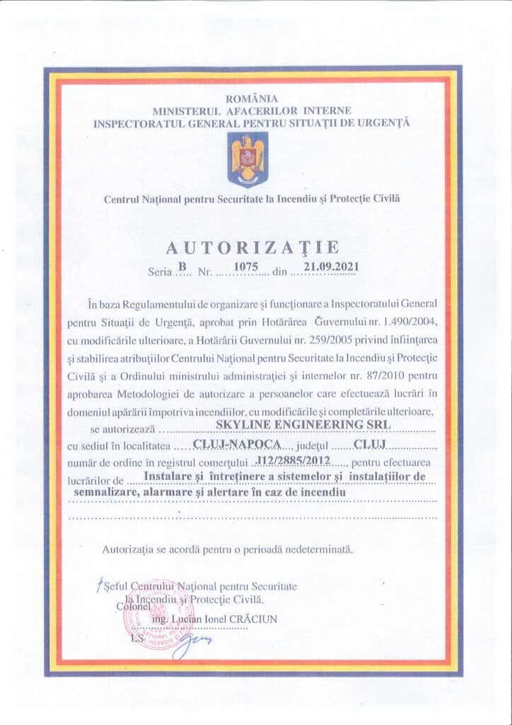 Autorizatie SKY- Inst. si intretinere a sist.si inst. de semnalizare, alert si alarm in caz de incendiu