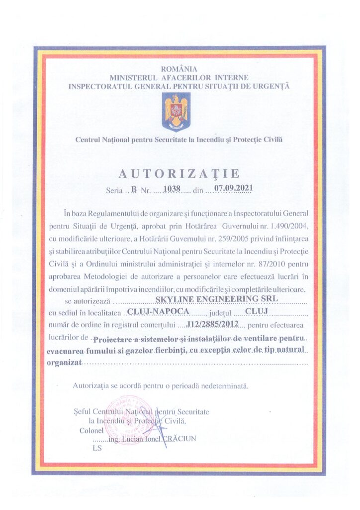 Autorizatie SKY - Proiect. sist. si inst. de vent. pt evac. fum si gaze firb. cu exceptia celor de tip naural organizat- per. nedeter